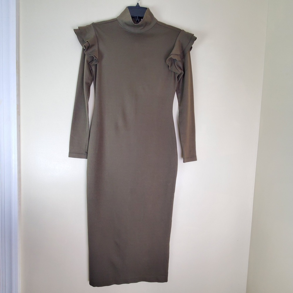 Hunter Bell Katelyn Small Long Sleeve Midi Dress Olive Green Bodycon Ruffle Zip